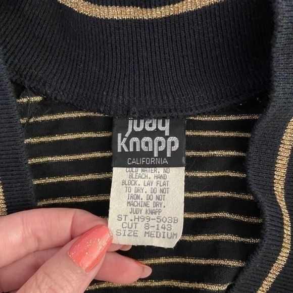 Judy Knapp Crop Cardigan Sweater Black and Metallic Gold Knit Stripe Vintage - Picture 11 of 15